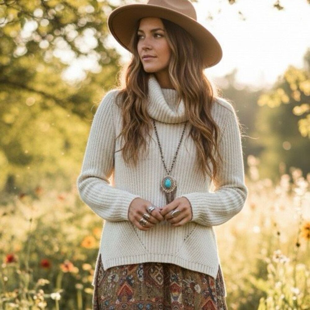 Moth Anthropologie Cream‎ Cowl Neck Chunky Knit Hi Low Sweater Size S